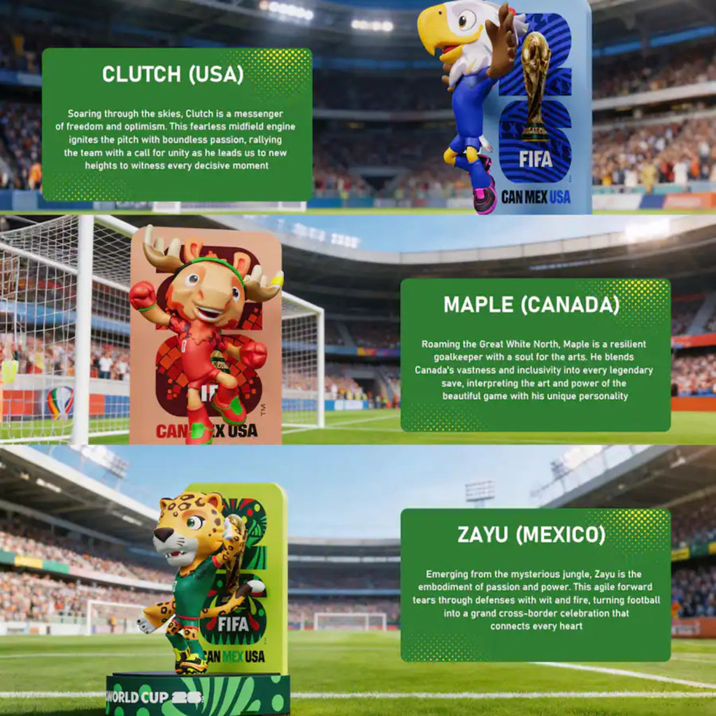 FIFA - 2026 World Cup Official Licensed Mascot Figurines Set of 3 (Maple, Zayu & Clutch), Collectable Soccer Figures, 3" Tall - Multicolor