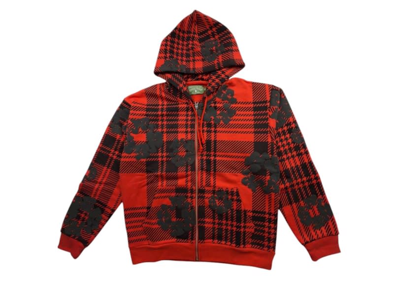 Denim Tears Plaid Cotton Wreath Zip Hoodie Red